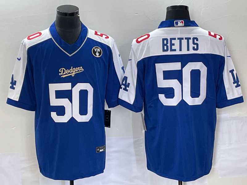 Men%27s Los Angeles Dodgers #50 Mookie Betts Blue Vin Scully Patch Stitched Jersey->los angeles dodgers->MLB Jersey